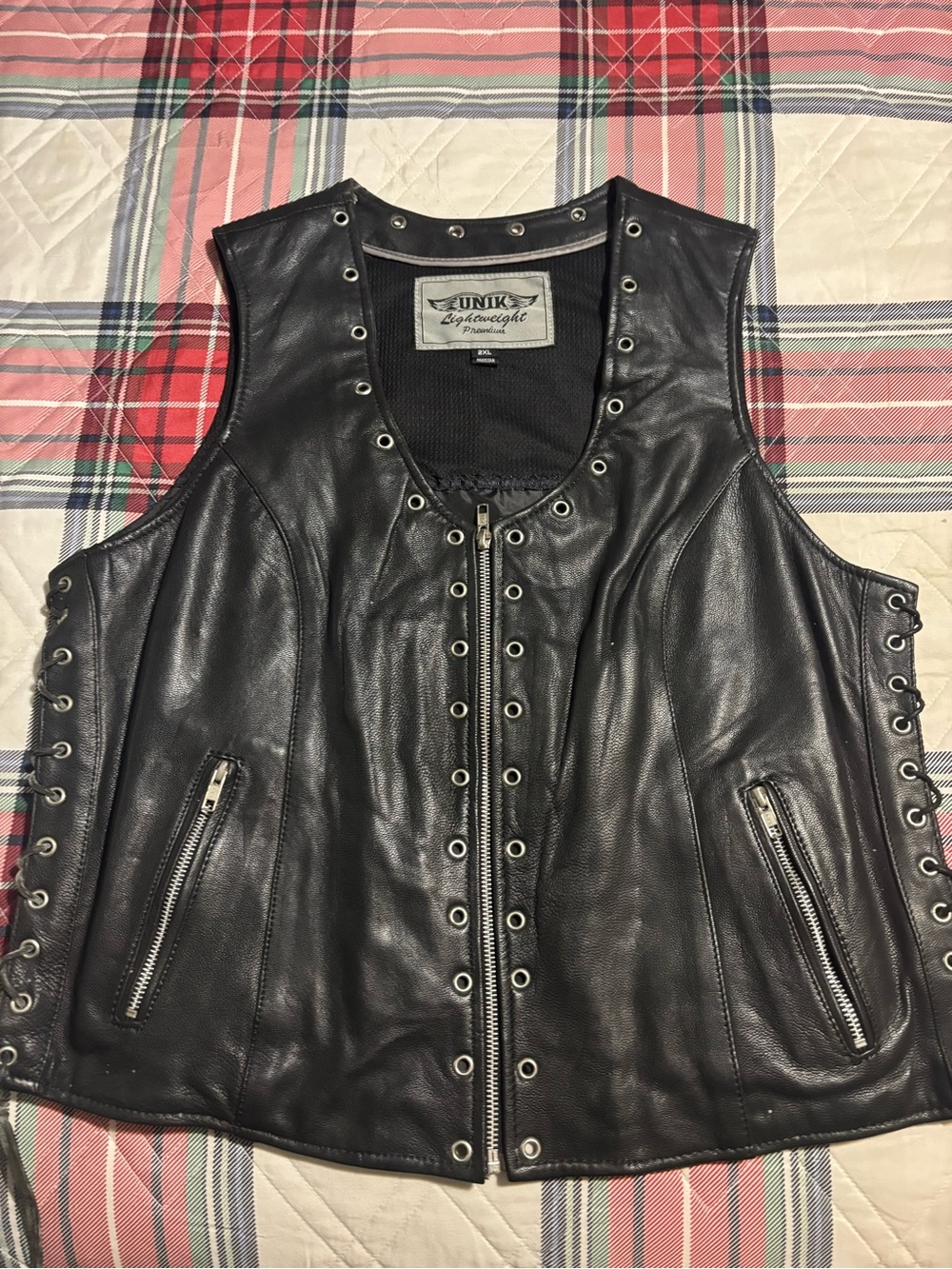 UNIK Black Leather Grommet-Trim Vest